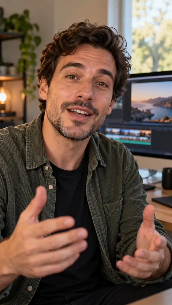Vertikale Video-Nahaufnahme eines sympathischen Creators, der vor einem Desktop-Bildschirm über eine Marketingidee spricht, bei natürlichem Licht und mit ungezwungenem Gesichtsausdruck