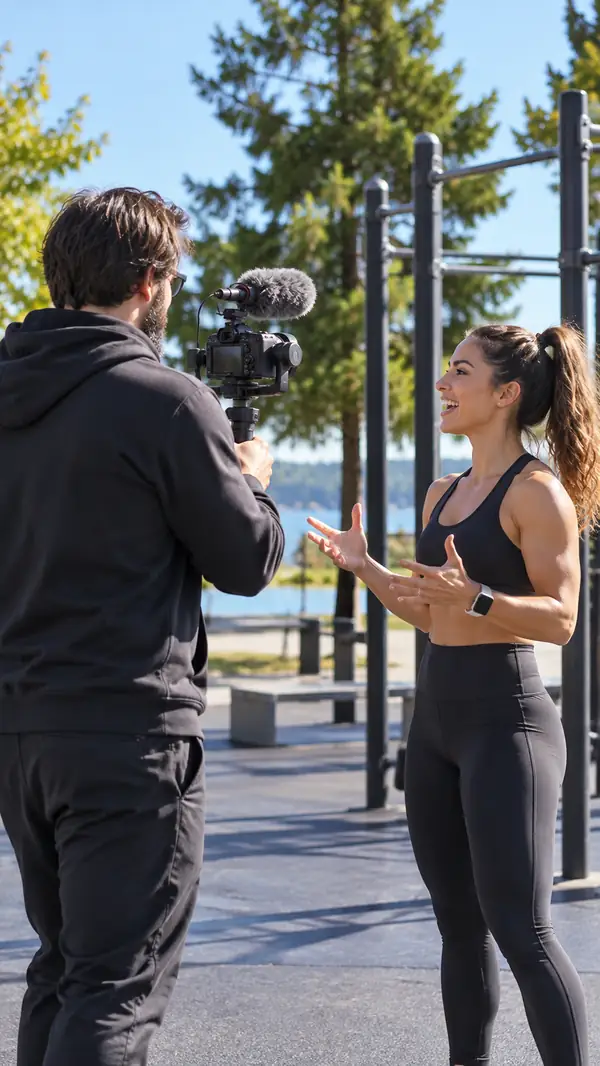 Fitness-Creator filmt draußen ein Kurzvideo