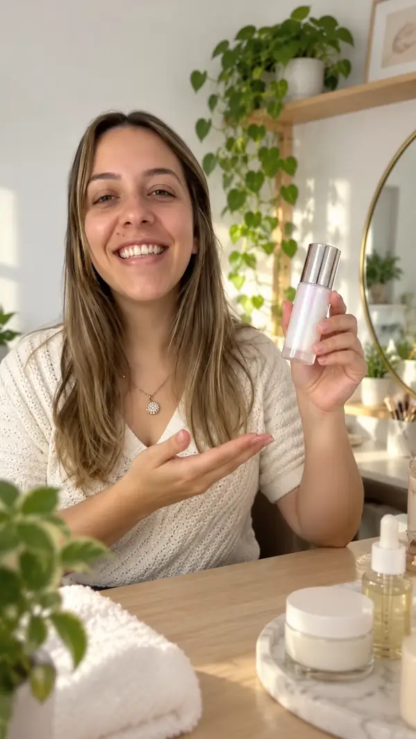 Skincare-Creator spricht in einem hellen Raum in die Kamera